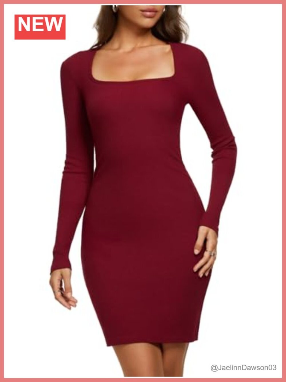 Ribbed Knit Bodycon Midi Dress Long Sleeve Square Neck Slim Fit Casual
